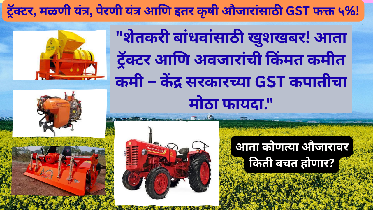 New GST rates on Farm Machinery 2025:"शेतकरी बांधवांसाठी खुशखबर! आता ट्रॅक्टर आणि अवजारांची किंमत कमीत कमी – केंद्र सरकारच्या GST कपातीचा मोठा फायदा."